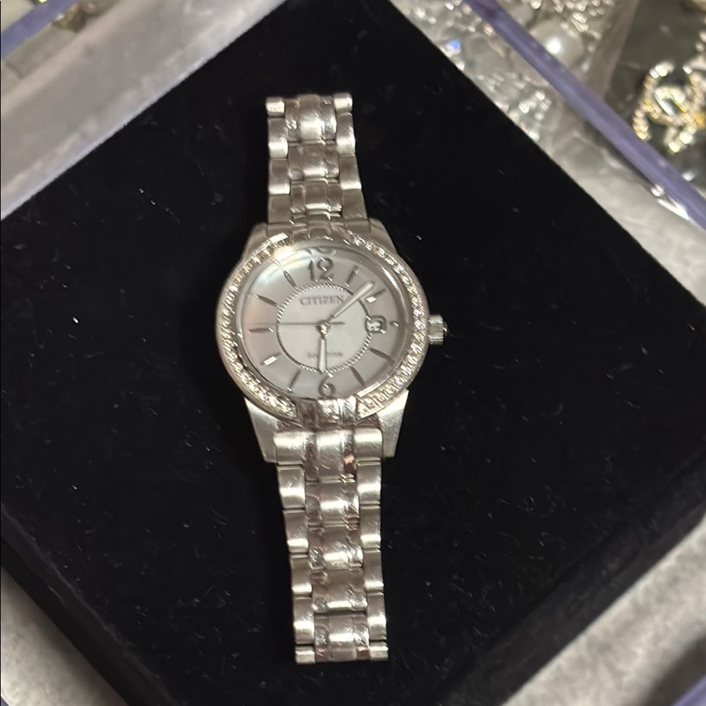 Citizen Silver Watch with Crystal Bezel and Stainless Steel Band
